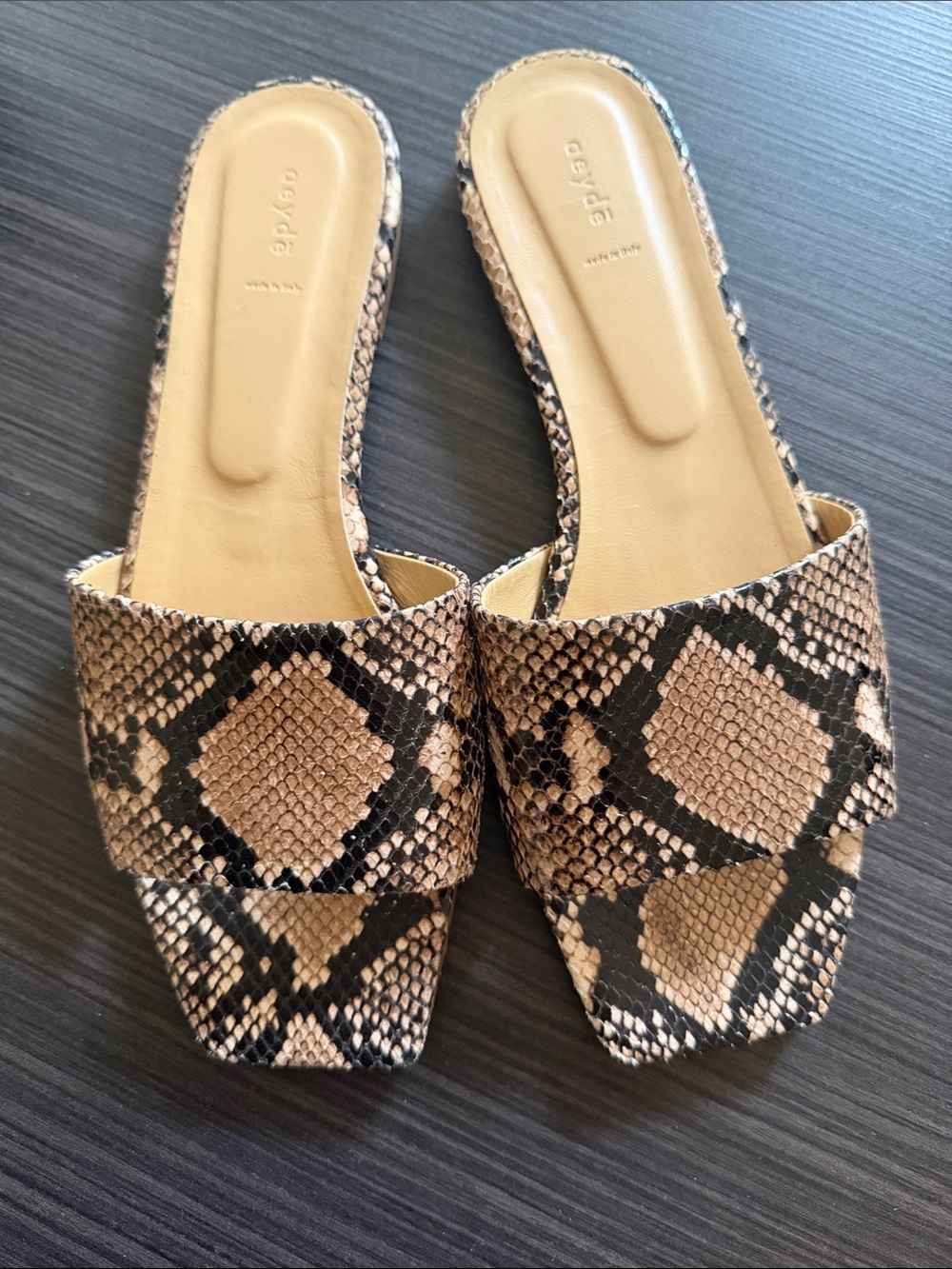 Aeyde Taupe and Black Snake-Print Slide Mules